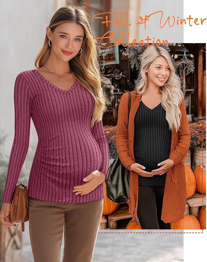 Ficerd 3 Pack Women's Maternity Shirts Ribbed Long Sleeve Pregnancy Tops V Neck Knit Side Ruched Pregnant Clothes Sweater