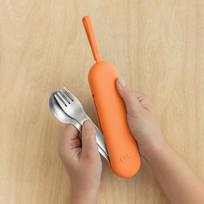 Omie OmieBox Travel Utensil Set | Fork and Spoon with Case for Easy Travel | Stainless Steel Fork and Spoon (Orange)