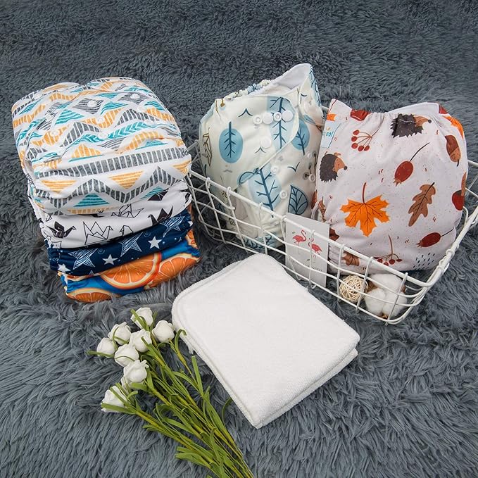 Babygoal Baby Reusable Neutral Cloth Diapers 6 Pack with 10pcs Inserts, One Size Adjustable Washable Pocket Nappy Covers for Baby Boys and Girls 6FN05