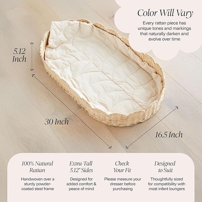 Bebe Bask Premium Baby Changing Basket - Artisan-Crafted Scalloped Rattan - Changing Basket for Baby Dresser - All Accessories Included - Complete Set for Nursery (Natural)