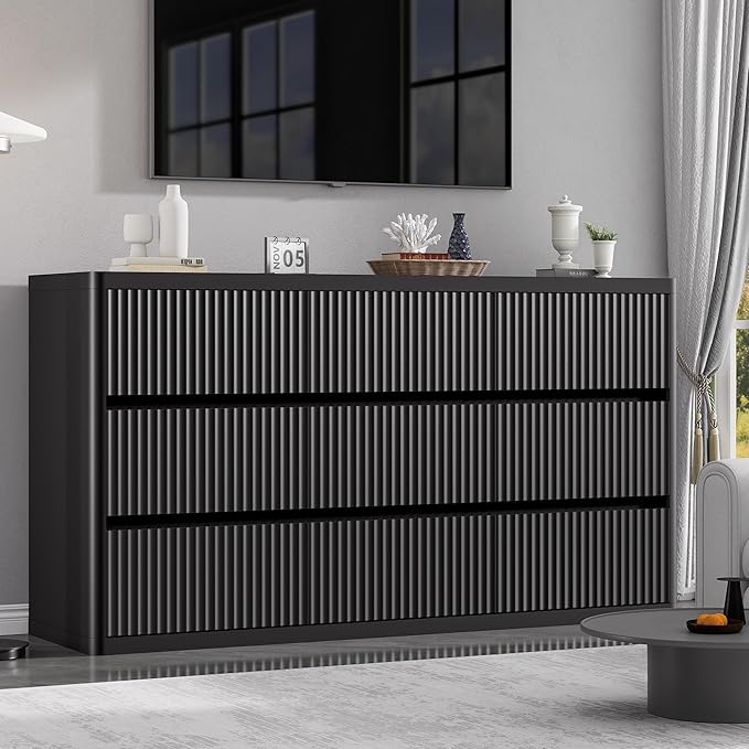 Black 9 Drawers Dressers for Bedroom, 57" Large Chest of Drawers with Handleless, Curved Profile, Modern Flute Dresser TV Stand, Wooden Closet Clothes Storage Organizer for Living Room