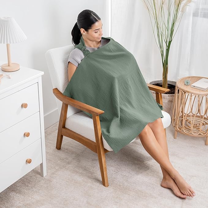 Comfy Cubs Muslin Nursing Cover, Pack of 1, 100% Muslin Breastfeeding Cover - Soft & Breathable Baby Nursing Scarf with Adjustable Neck Strap - Portable, Lightweight & Privacy Coverage - Fern