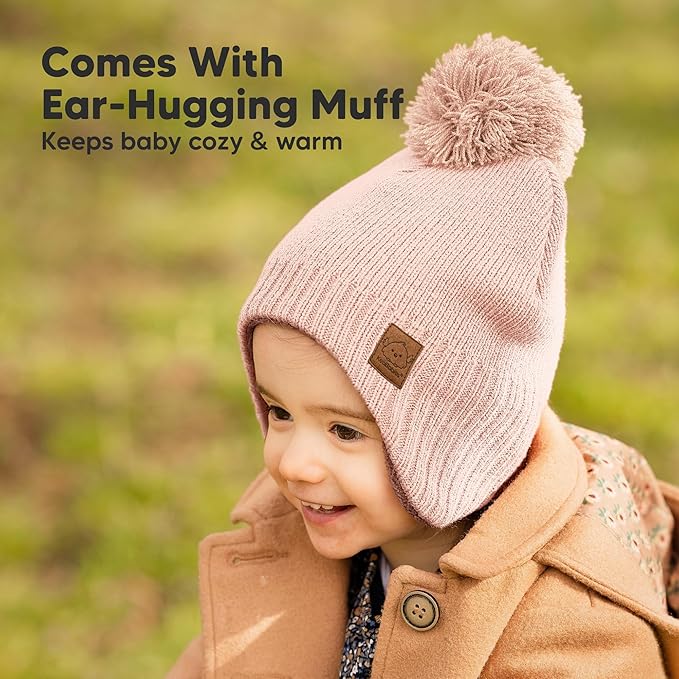 Baby Beanies, Baby Hats for Boys, Girls - Cute Toddler Winter Hat, Soft & Stretchy Beanies for Infant, Newborn 6-36 Months, Cozy & Warm with Earflap Muff & Pom (Blush)