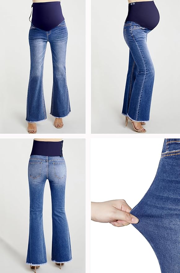 BLENCOT Maternity Jeans for Women Over Belly Pregnancy Pants Comfy Pregnant Jeans Flare Denim Jeans with Pockets