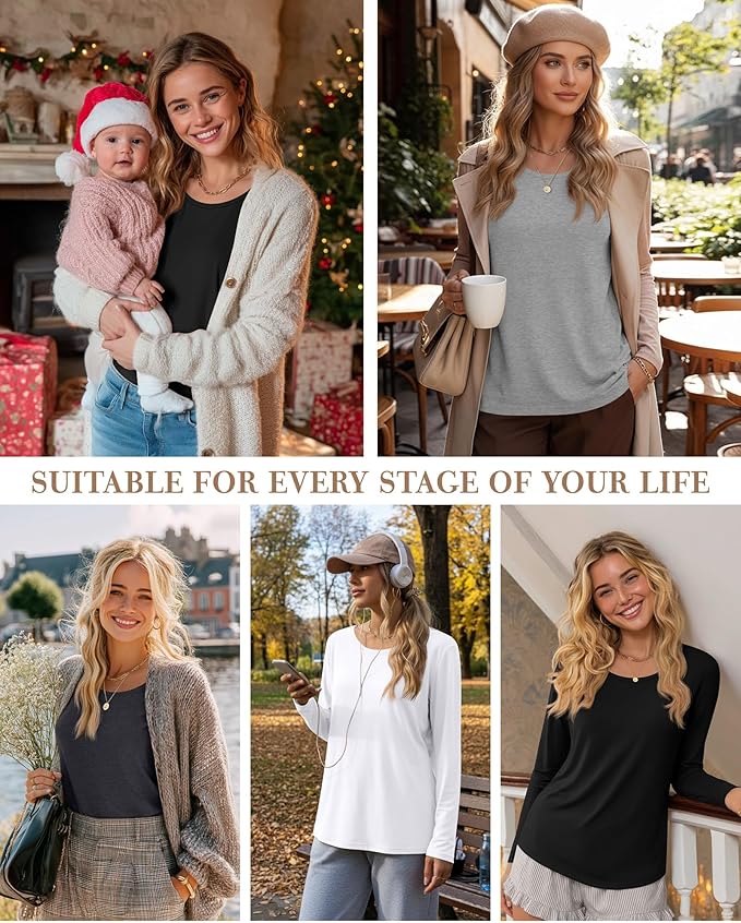 4 Pack Women's Cotton Nursing Tops, Breastfeeding Maternity with Hidden Zippers Crew Neck Long Sleeve Pregnancy Shirts