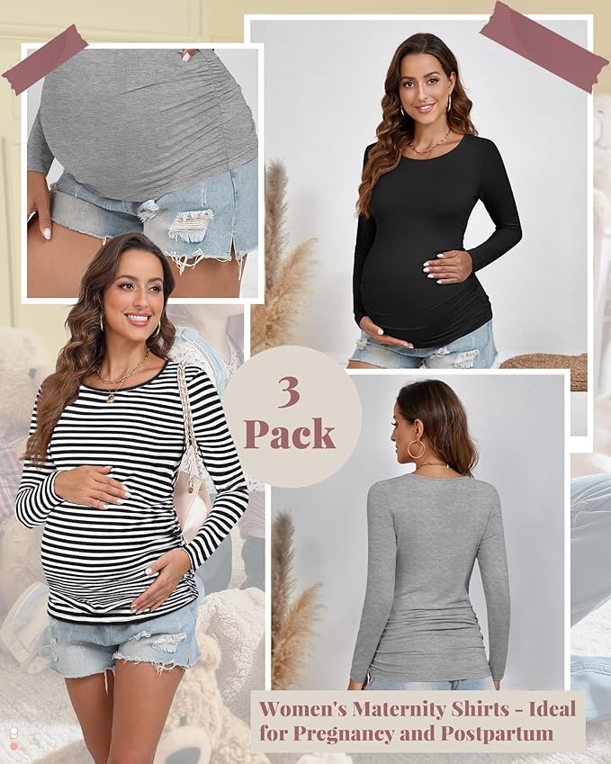 Ficerd 3 Pack Women's Maternity Shirts, Long Sleeve Side Ruched Pregnancy Tee Tops Crew Neck Casual Mama Clothes Basic Tunic