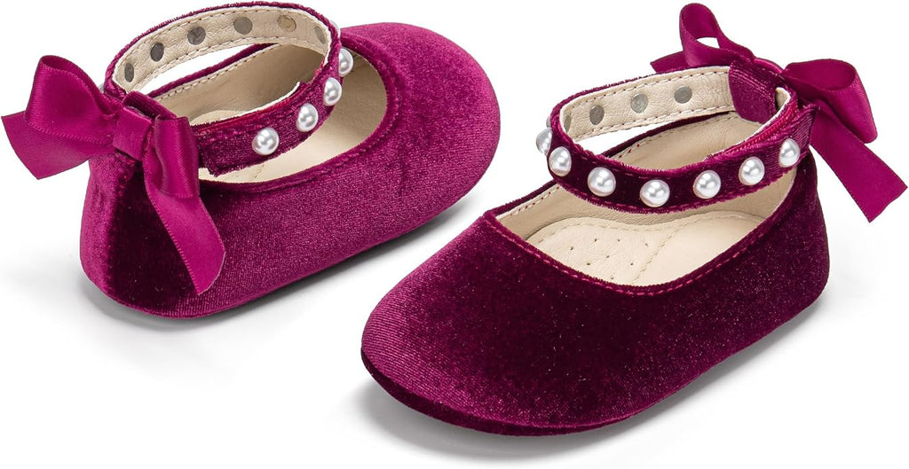 Baby Girls Mary Jane Flats - Infant Newborn Walking Shoes Soft Rubber Sole Princess Wedding
