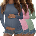 Riyiper 3 Pack Women's Maternity Shirts Long Sleeve Ribbed Knit Pregnancy Tees Cotton Crewneck Tunic Clothes Casual Fall Tops