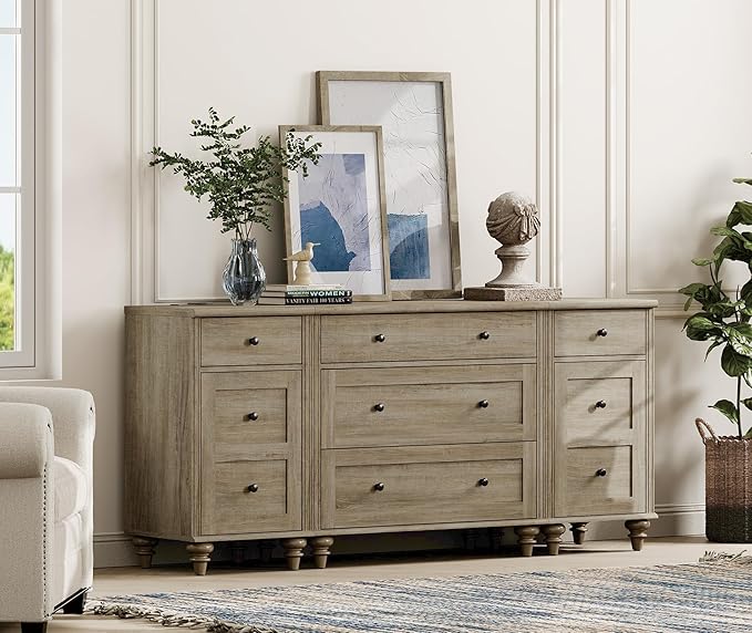 WAMPAT Grey Dresser for Kids Bedroom with 5 Drawers and 2 Storage Cabinet, Nightstands with Charging Station for Living Room, Mid Century Modern Baby Dressers with Wide Chest of Drawers for Nursery