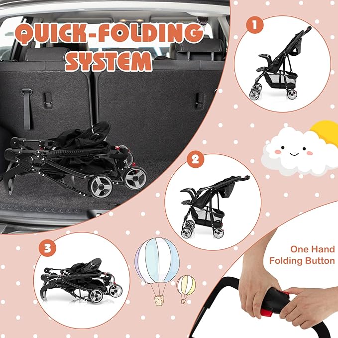HONEY JOY Travel Stroller, Quick Fold Lightweight Baby Umbrella Stroller for Airplane, Adjustable Canopy & Backrest, Storage Basket, Removable Meal Tray, Compact Stroller Newborn and Toddler(Black)