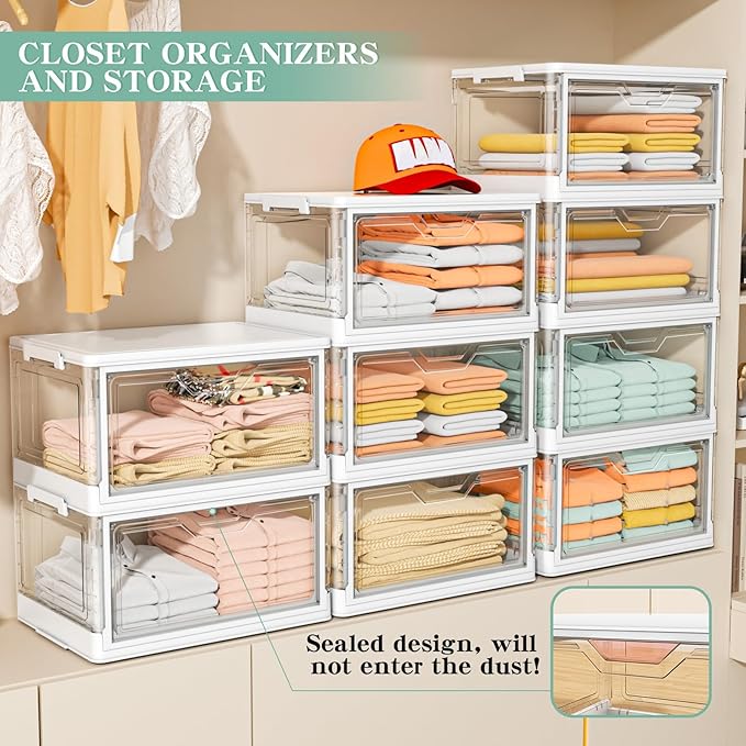 Clear Storage Bins with Lids,4 Tier Plastic Bins with Wheels,Stackable Storage Bin,Closet Organizers Box for Bedroom,Living Room,Toy,23 QT Folding Box with Magnetic door