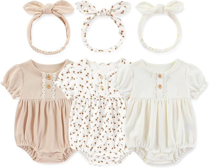 Newborn Baby Girl Clothes Cotton Bubble Romper Floral Short Sleeve Bodysuit 3 Pack