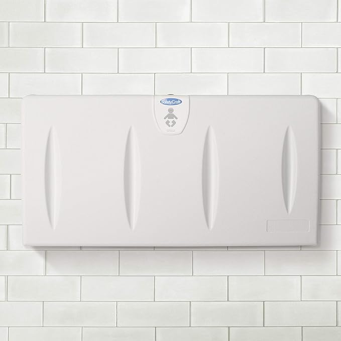 SafetyCraft Horizontal Wall-Mounted Baby Diaper Changing Station - Easy to Clean, High-Density Polyethylene w/Heavy Duty Steel Hinge - Built-in Liner Dispenser for Hooking Purse or Bag, Light Gray