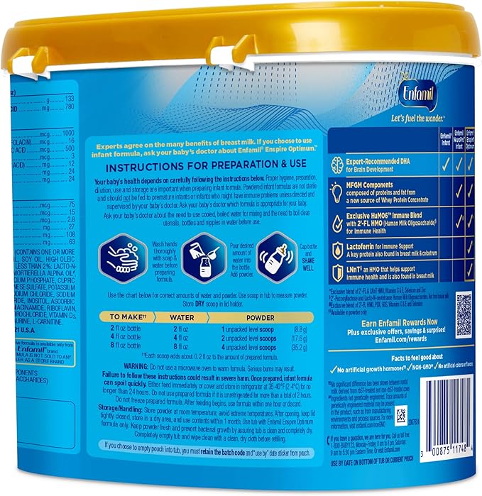 Enfamil Optimum (Enspire), Our Closest Formula to Breast Milk, Immune-Supporting Lactoferrin and Brain-Supporting DHA Baby Formula, Powder 20.5 Oz Tub, Pack of 4