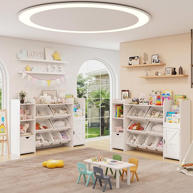 Vabches 55" Large Kids Toy Organizer with 8 Toy Storage Tubs, Storage Boxes and Storage Racks, Tiered Bookshelf and 7 Storage Cubbies, Kids Bookshelf, Playroom Storage and Storage Boxes(White)