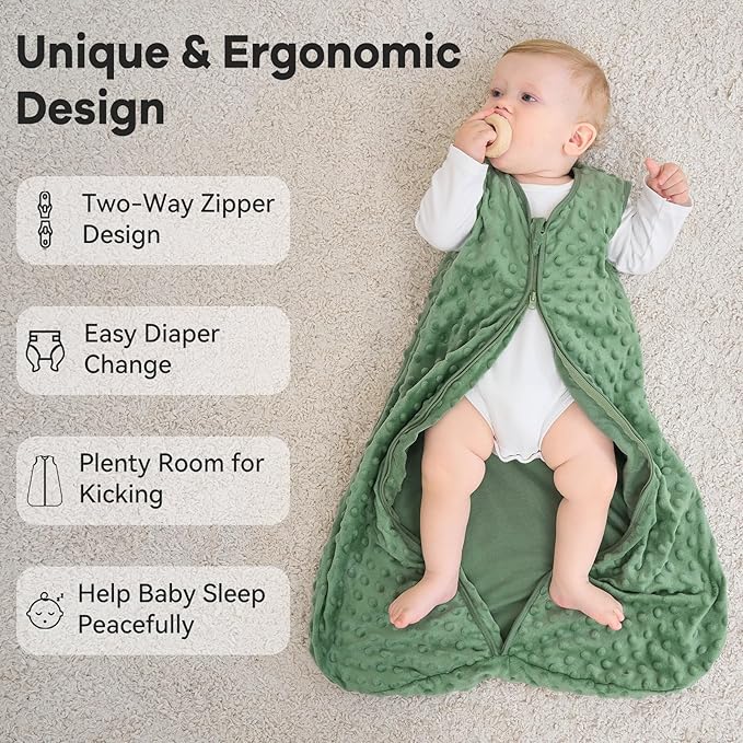 Fleece Baby Sleep Sack 12-18 Months with Plush Dots 1.5 Tog Baby Wearable Blanket with 2-Way Zipper Warm Sleeping Sack for Toddler Infant - Large, Blue&Green