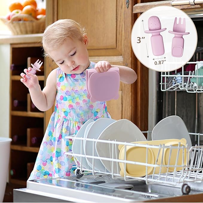 Silicone Foldable Novelty Dinner Plates,Suction Plates for Baby Travel Essential with Forks and Spoons,Microwave & Dishwasher Safe,Baby Blue