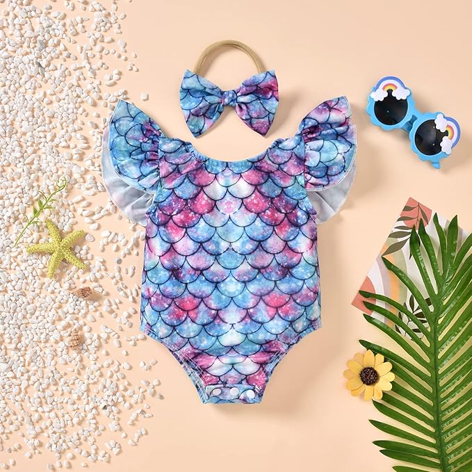 Toddler Girl Baby Ruffles Mermaid Fish Scale Swimsuit One Piece Swimwear Bathing Sunsuit