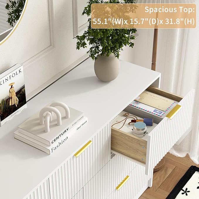 7 Drawers Dresser for Bedroom,55" Wide Fluted Dresser with Deep Drawers, Modern Chest of Drawers, Wood TV Stand Storage Organizer for Closet, Living Room, Hallway, White