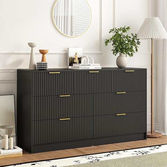 7 Drawers Dresser for Bedroom,55" Wide Fluted Dresser with Deep Drawers, Modern Chest of Drawers, Wood TV Stand Storage Organizer for Closet, Living Room, Hallway, Black