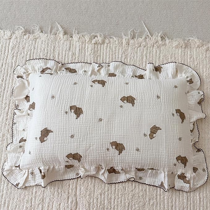 BuLuTu Cartoon Bear Muslin Pillowcase for Boys Girls Cute Animal Print Toddler Pillow Cases Soft Breathable Cotton Crib Cradle Pillow Cover for Kids Nursery Bedding,1 Piece, 14"x20"