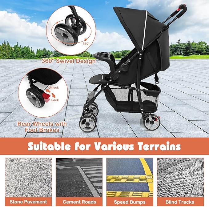 HONEY JOY Travel Stroller, Quick Fold Lightweight Baby Umbrella Stroller for Airplane, Adjustable Canopy & Backrest, Storage Basket, Removable Meal Tray, Compact Stroller Newborn and Toddler(Black)