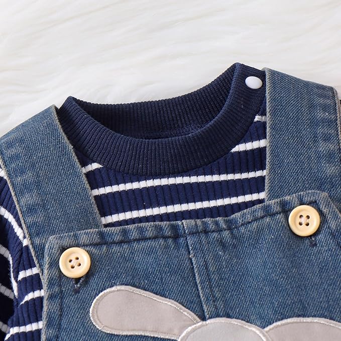 Baby Boy Clothes Fall Winter Outfits Long Sleeve Striped Romper Cute Cartoon Jeans Overalls Pants Set 0-18 Months