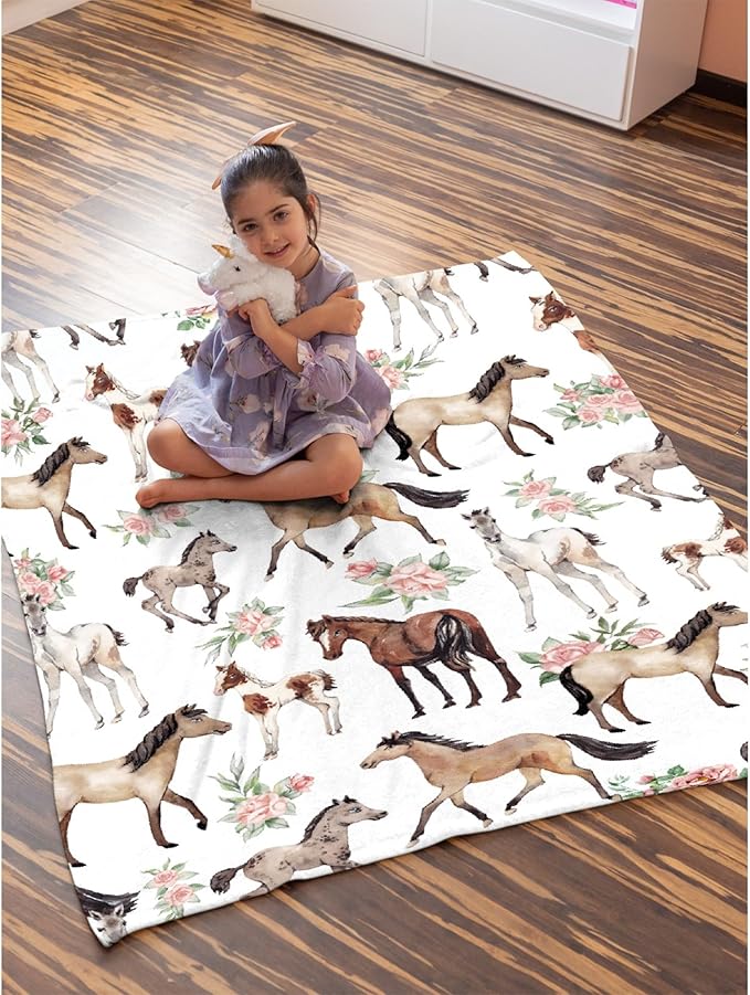 Horse Rose Blanket for Adults,Flowers Throw Blanket for Girls Boys Lightweight Cute Horses Soft Cozy Flannel Blanket for Kids 90 * 120 Inches