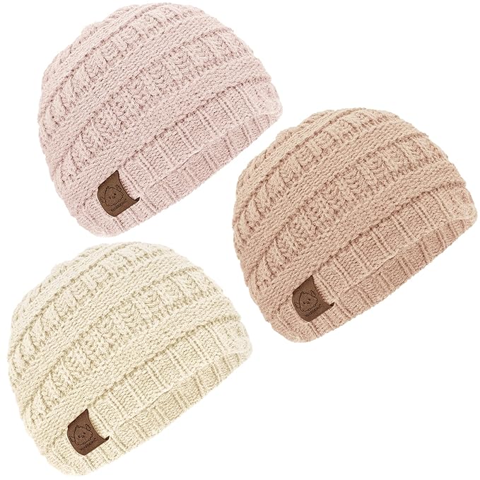 3-Pack Baby Beanies for Boys, Girls - Stretchy Knit Baby Hats, Cute Newborn & Toddler Winter Hat, Soft & Warm Infant Beanie 6-36 Months (Pale, M)