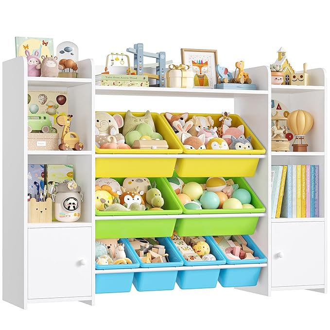 FOTOSOK 55''Large Toy Storage Organizer with 8 Toy Bins, Toy Organizers and Storage with Shelf and 6 Storage Cubbies, Bookshelf, Playroom Organization and Storage Bins, White/Green