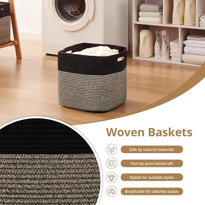 OIAHOMY 13 Kallax Inch Cube Storage Bins, 3-Pack Cotton Rope Woven Baskets for Organizing, Kallax Insert Storage Baskets for Shelves, Baby Nursery, Closet Organizer, 13*13*12.6IN, Black & Mixed Brown