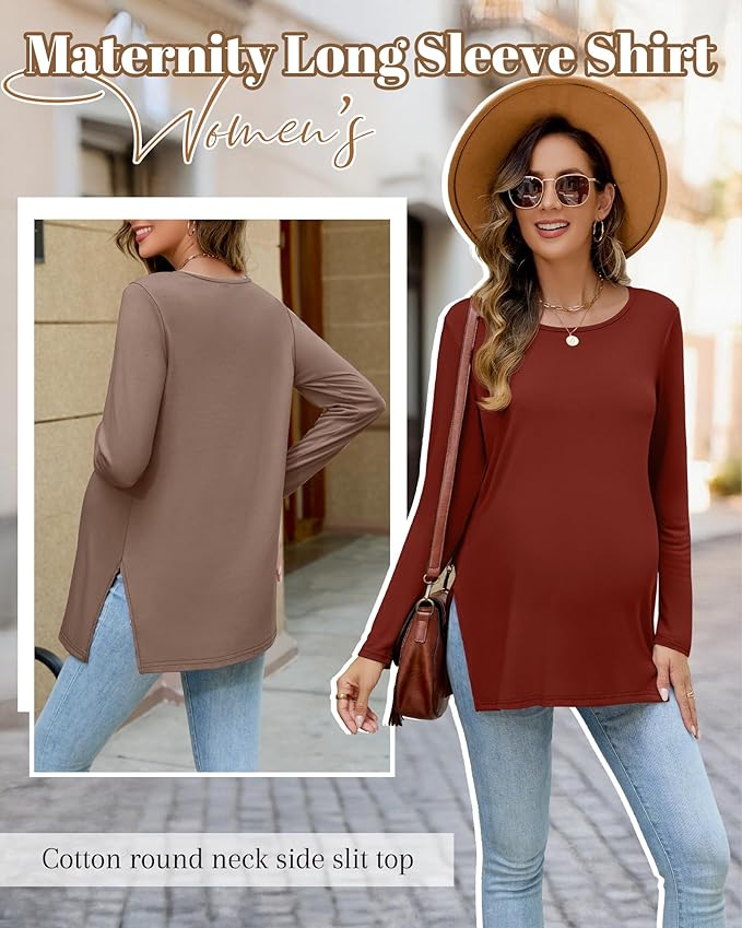 Riyiper 3 Pack Women's Maternity Long Sleeve T-Shirts Round Neck Side Split Tops Loose Casual Pregnancy Mama Clothes Fall