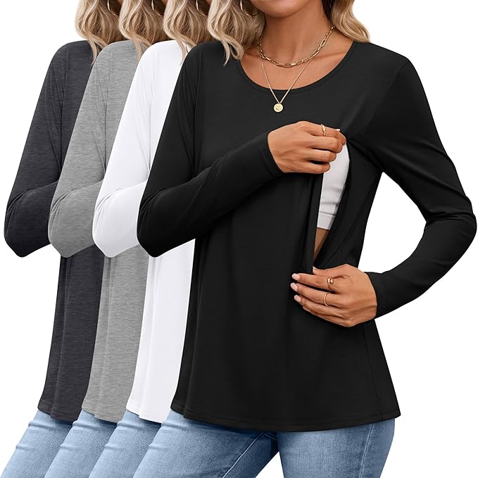 4 Pack Women's Cotton Nursing Tops, Breastfeeding Maternity with Hidden Zippers Crew Neck Long Sleeve Pregnancy Shirts
