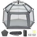 Baby Playpen with Self-Inflating Play Mat & Travel Bag, Portable Outdoor Playpen for Babies and Toddlers, Foldable Pop Up Play Tent for Home, Park, Beach and Camping (Grey)