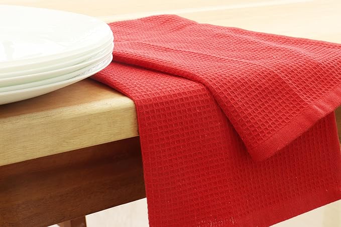 PurpleEssences Waffle Weave Kitchen Towel, 100% Cotton - 15 x 25 Inches, with Hanging Loop Ultra Soft Absorbent Quick Drying Dish Cloth, Tea and Hand Towels, 6 Pack - Fall Thanksgiving - Red