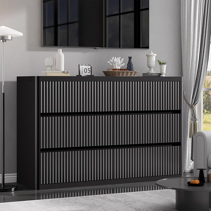 Black Dresser for Bedroom with 6 Double Drawers, 48" Wide Wooden Chest of Drawers with Curved Profile, Modern Fluted Dresser TV Stand, Wood Closet Clothes Storage Organizer for Living Room