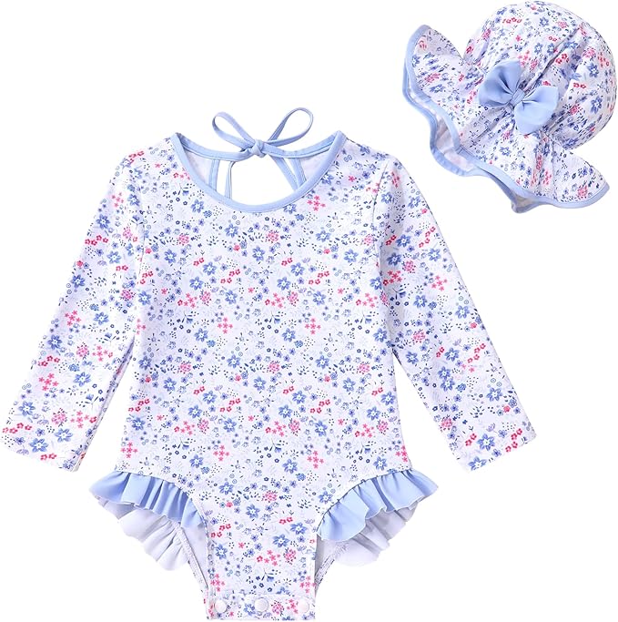 YOUNGER TREE Infant Baby Girls Swimsuit Long Sleeve Swimsuits One Piece Swimsuit Solid Color Bathing Suit with Hat, UPF 50+