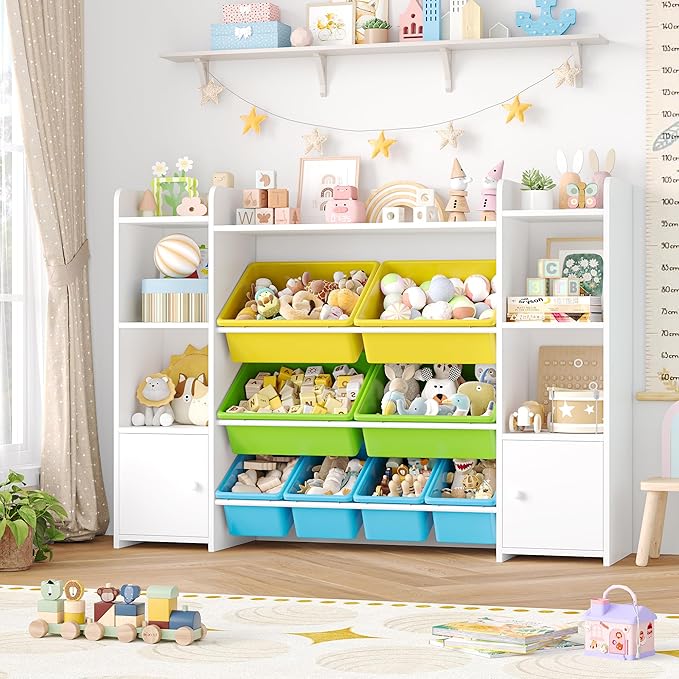 FOTOSOK 55''Large Toy Storage Organizer with 8 Toy Bins, Toy Organizers and Storage with Shelf and 6 Storage Cubbies, Bookshelf, Playroom Organization and Storage Bins, White/Green