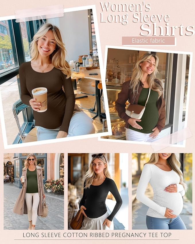 Riyiper 4 Pack Women's Maternity Shirts, Long Sleeve Cotton Ribbed Pregnancy Tee Top Crewneck Side Ruched Casual Mama Clothes