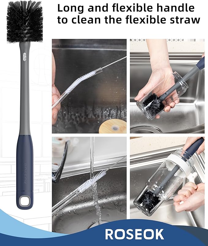 2 in 1 Long Handle Bottle Brush with Straw Brush for Cleaning Glass, Sports Bottle, Coffee Mug, Gray, 1 Pack