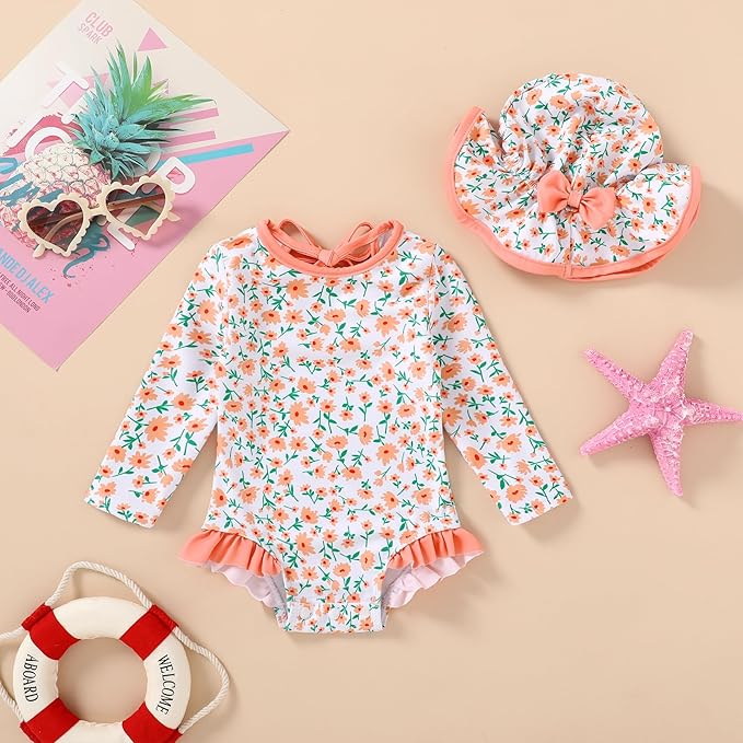 YOUNGER TREE Infant Baby Girls Swimsuit Long Sleeve Swimsuits One Piece Swimsuit Solid Color Bathing Suit with Hat, UPF 50+