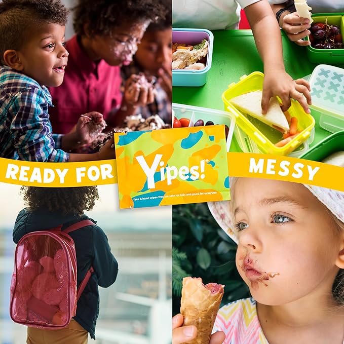 Yipes! Kids Face and Hand Wipes | Compostable Wet Wipes for Sensitive Skin | Individually Wrapped | Classroom Must Haves | Travel Essentials | For Backpacks, Lunchboxes, Classroom Supplies | 2 pack