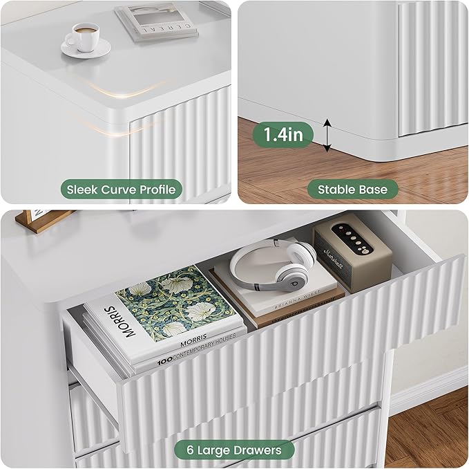 56" Tall Dresser for Bedroom, White Fluted Dresser with 6 Deep Drawers, Modern Chest of Drawers with Curved Profile, Handleless, Wooden Drawer Organizer for Living Room, Hallway, Closet