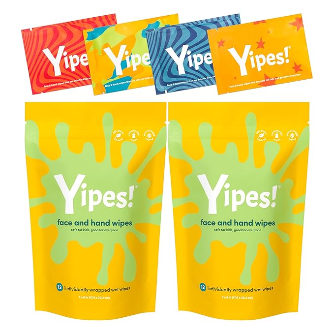 Yipes! Kids Face and Hand Wipes | Compostable Wet Wipes for Sensitive Skin | Individually Wrapped | Classroom Must Haves | Travel Essentials | For Backpacks, Lunchboxes, Classroom Supplies | 2 pack
