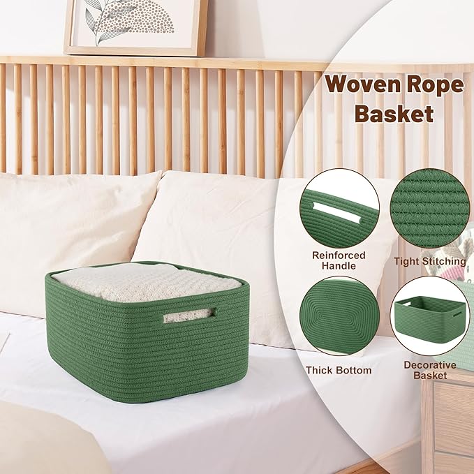 OIAHOMY Storage Basket for Shelves, Closet Cube Storage Bins Baskets for Clothes Blanket Towels, Baby Nursery, Toy Baskets Box, Woven Rope Basket, 15.75*11.81*7.09 IN, 2 Packs Olive Green