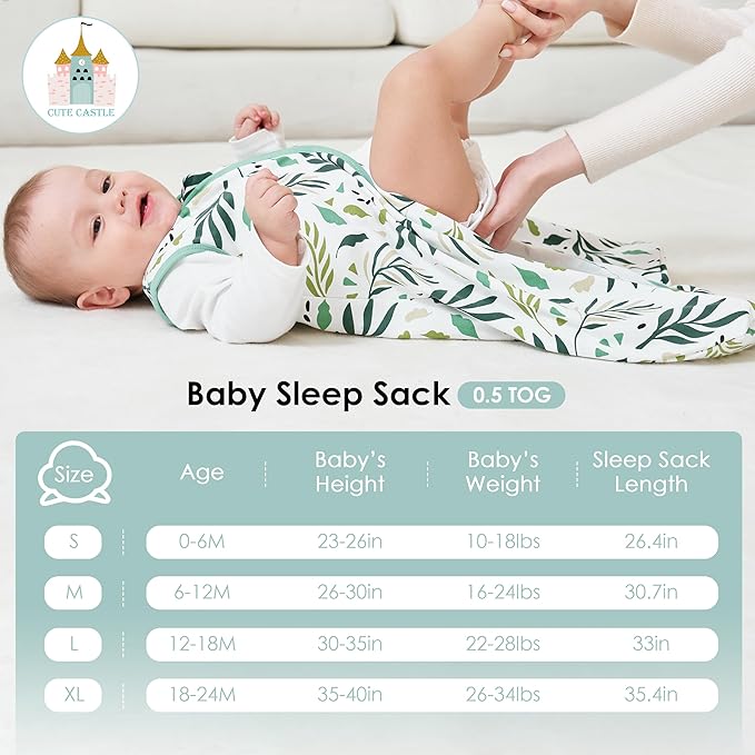 Cute Castle Baby Sleep Sack 12-18 Months - Lightweight 100% Cotton 2-Way Zipper TOG 0.5 Infant Wearable Blanket, Newborn Essentials Toddler Sleep Clothes (3 Pack Green)