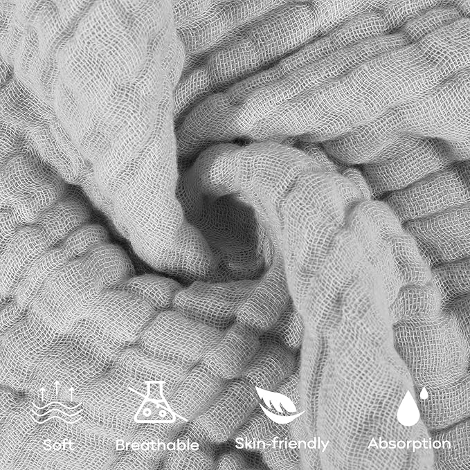 Yoofoss Muslin Baby Washcloths 100% Cotton Face Towels 10 Pack Wash Cloths for Baby 12x12in Soft and Absorbent Baby Wipes (Grey)