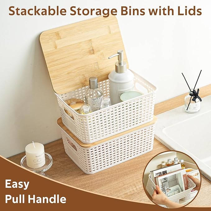 8 Pack Plastic Storage Bins with Bamboo Lids - Stackable Storage Baskets with Handle for Pantry Organizer and Storage, Plastic Containers Bins for Kitchen Bathroom Classroom Office Shelves