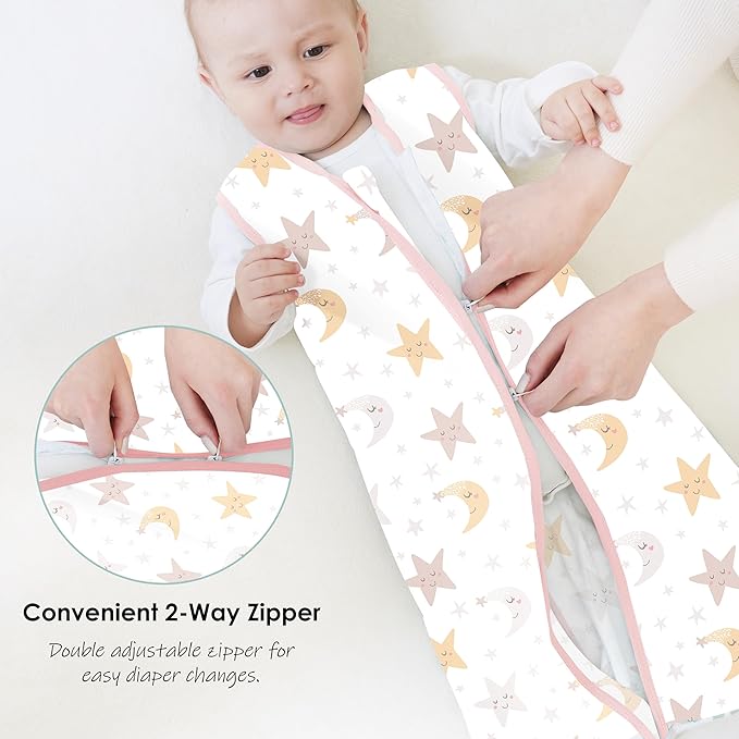 Cute Castle Baby Sleep Sack 6-12 Months - Lightweight 100% Cotton 2-Way Zipper TOG 0.5 Infant Wearable Blanket, Newborn Essentials Toddler Sleep Clothes, 3 Pack(Pink, Moon, Stars)