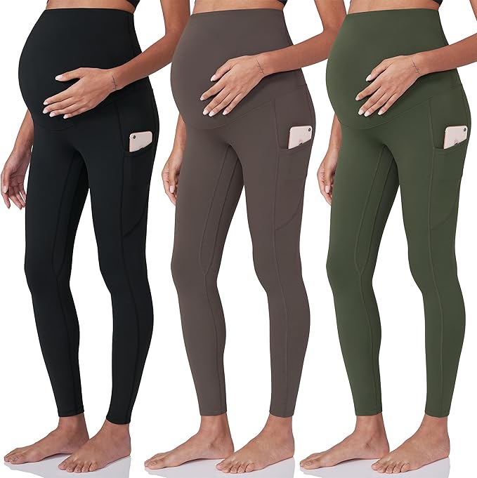 POSHDIVAH 3 Pack Women's Maternity Workout Leggings Over The Belly Pregnancy Yoga Pants with Pockets
